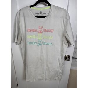 Psycho Bunny Mens Pima Cotton Graphic Tee White Neon Triple Logo Size 6 Large